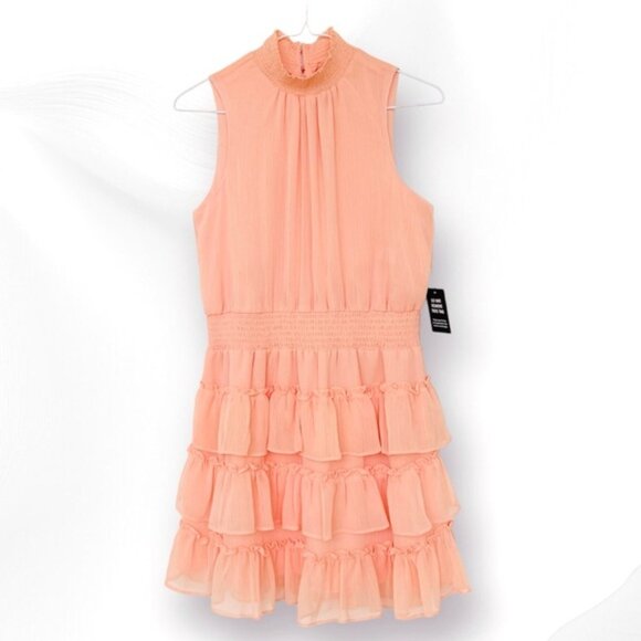 Express Chiffon Mini Dress Women M Mock Neck Tiered Sleeveless Smoke Ne… - Picture 5 of 12